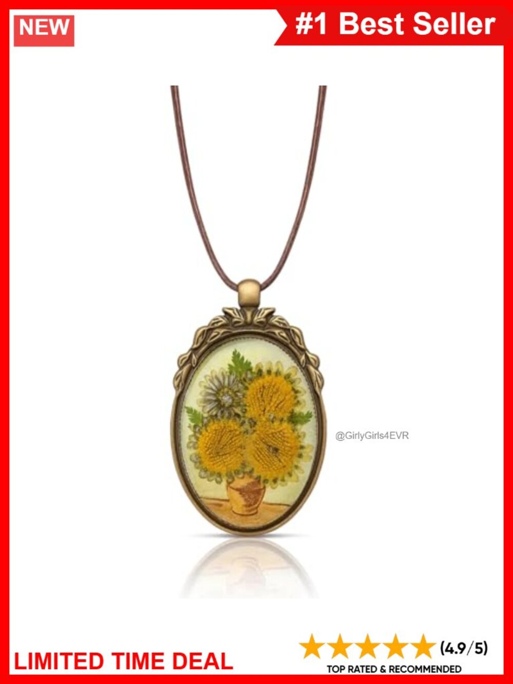 Handmade Real Flower Resin Pendant Necklace Sunflower Vase Vintage Bronze